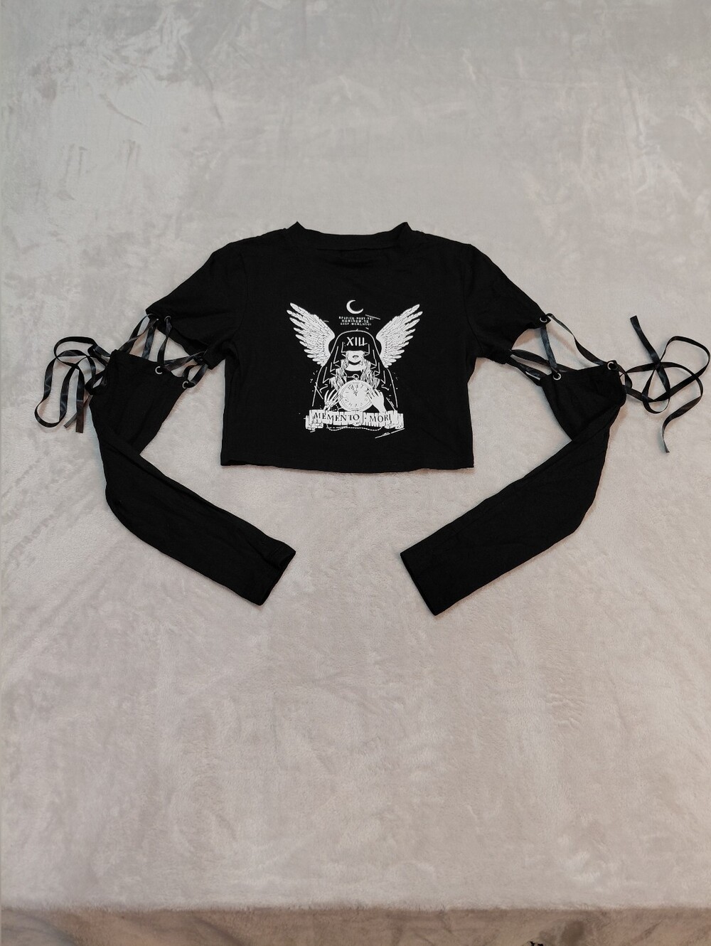 Memento Mori Gothic Crop Top with Lace-Up Sleeves